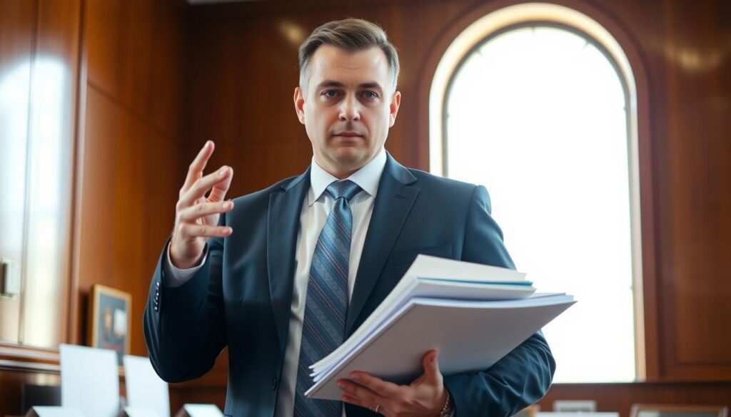 A professional, empathetic traffic court advocate stands confidently in a modern, well-lit courtroom. Dressed in a sharp suit, they gesture expressively while consulting case files, conveying a commanding yet approachable demeanor. The background features polished wood paneling and a high, arched window, casting warm natural light across the scene. The advocate's face is partially obscured, emphasizing their role as a capable, discreet representative dedicated to securing the best outcome for their client. The overall impression is one of competence, accessibility, and a deep understanding of the legal system.