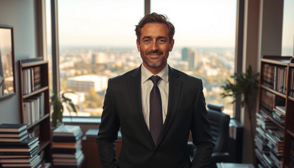A professional, experienced car crash lawyer standing confidently in their office, surrounded by legal books and case files. The lawyer is dressed in a sharp suit, conveying authority and expertise. Warm, natural lighting illuminates the scene, creating a sense of professionalism and trustworthiness. The background features a large window overlooking the cityscape of Irvine, California, reflecting the lawyer's deep understanding of the local legal landscape. The overall atmosphere evokes a sense of reliability and competence, crucial for a client seeking the right car crash lawyer in Irvine. A professional, experienced car crash lawyer standing confidently in their office, surrounded by legal books and case files. The lawyer is dressed in a sharp suit, conveying authority and expertise. Warm, natural lighting illuminates the scene, creating a sense of professionalism and trustworthiness. The background features a large window overlooking the cityscape of Irvine, California, reflecting the lawyer's deep understanding of the local legal landscape. The overall atmosphere evokes a sense of reliability and competence, crucial for a client seeking the right car crash lawyer in Irvine.