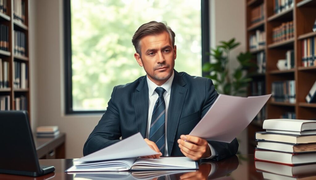 A professional, experienced child custody attorney sitting at their desk, thoughtfully reviewing legal documents. They are dressed in a sharp, tailored suit, exuding an air of authority and expertise. The office setting is modern and well-appointed, with bookshelves lining the walls and a large window providing natural lighting. The attorney's expression is one of focused concentration, conveying the gravity and importance of their work in representing clients during complex child custody disputes. The overall mood is serious yet reassuring, reflecting the attorney's dedication to providing exceptional legal counsel. A professional, experienced child custody attorney sitting at their desk, thoughtfully reviewing legal documents. They are dressed in a sharp, tailored suit, exuding an air of authority and expertise. The office setting is modern and well-appointed, with bookshelves lining the walls and a large window providing natural lighting. The attorney's expression is one of focused concentration, conveying the gravity and importance of their work in representing clients during complex child custody disputes. The overall mood is serious yet reassuring, reflecting the attorney's dedication to providing exceptional legal counsel.