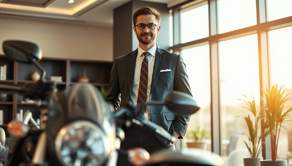 A professional, experienced motorcycle accident lawyer standing confidently in a modern law office. The lawyer wears a well-tailored suit, exuding authority and expertise. In the foreground, a sleek, high-powered motorcycle is partially visible, hinting at the nature of the lawyer's practice. The background features stylish, minimalist decor and large windows flooding the space with warm, natural light, creating a sense of professionalism and success. The overall atmosphere conveys the lawyer's competence, attention to detail, and ability to handle complex motorcycle accident cases effectively. A professional, experienced motorcycle accident lawyer standing confidently in a modern law office. The lawyer wears a well-tailored suit, exuding authority and expertise. In the foreground, a sleek, high-powered motorcycle is partially visible, hinting at the nature of the lawyer's practice. The background features stylish, minimalist decor and large windows flooding the space with warm, natural light, creating a sense of professionalism and success. The overall atmosphere conveys the lawyer's competence, attention to detail, and ability to handle complex motorcycle accident cases effectively.