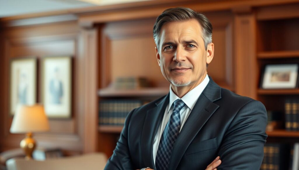 A professional, experienced motorcycle injury lawyer standing confidently in their office, wearing a sharp suit and tie. Soft, warm lighting illuminates their face, conveying a sense of expertise and trustworthiness. The background features elegant wood paneling and bookshelves, suggesting a sophisticated and well-established legal practice. The lawyer's expression is serious yet approachable, inviting the viewer to consider their services for handling a motorcycle accident case with care and diligence. A professional, experienced motorcycle injury lawyer standing confidently in their office, wearing a sharp suit and tie. Soft, warm lighting illuminates their face, conveying a sense of expertise and trustworthiness. The background features elegant wood paneling and bookshelves, suggesting a sophisticated and well-established legal practice. The lawyer's expression is serious yet approachable, inviting the viewer to consider their services for handling a motorcycle accident case with care and diligence.