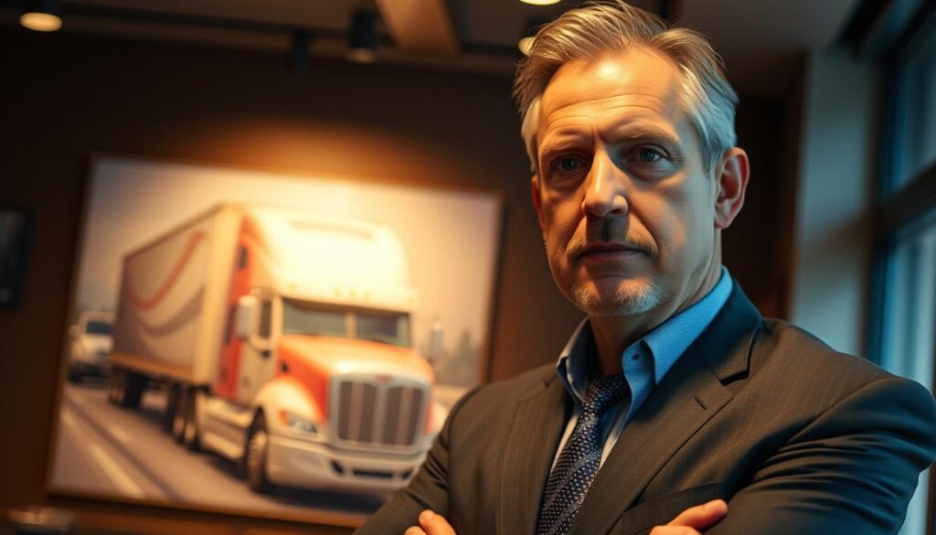 A professional, experienced semi-truck accident lawyer stands confidently in a dimly lit, modern law office. The lawyer's face is in sharp focus, conveying a sense of determination and expertise. In the background, a blurred image of a tractor-trailer crash scene is visible, hinting at the lawyer's specialized knowledge and experience in handling such cases. The lighting is warm and dramatic, casting subtle shadows that add depth and dimension to the scene. The camera angle is slightly elevated, giving the impression of the lawyer's authority and competence in handling complex legal matters. A professional, experienced semi-truck accident lawyer stands confidently in a dimly lit, modern law office. The lawyer's face is in sharp focus, conveying a sense of determination and expertise. In the background, a blurred image of a tractor-trailer crash scene is visible, hinting at the lawyer's specialized knowledge and experience in handling such cases. The lighting is warm and dramatic, casting subtle shadows that add depth and dimension to the scene. The camera angle is slightly elevated, giving the impression of the lawyer's authority and competence in handling complex legal matters.