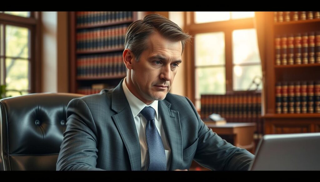 A professional family law attorney sits at their desk, deep in concentration. The office is warm and inviting, with tasteful decor and abundant natural light streaming through large windows. The attorney wears a crisp, well-tailored suit, exuding an air of authority and expertise. Their expression is one of focused determination, conveying the gravity and importance of the legal matters they handle. The background features bookshelves filled with legal tomes, and a sense of professionalism and dedication permeates the scene. The overall atmosphere reflects the crucial role a family law attorney plays in navigating complex personal and legal issues. A professional family law attorney sits at their desk, deep in concentration. The office is warm and inviting, with tasteful decor and abundant natural light streaming through large windows. The attorney wears a crisp, well-tailored suit, exuding an air of authority and expertise. Their expression is one of focused determination, conveying the gravity and importance of the legal matters they handle. The background features bookshelves filled with legal tomes, and a sense of professionalism and dedication permeates the scene. The overall atmosphere reflects the crucial role a family law attorney plays in navigating complex personal and legal issues.