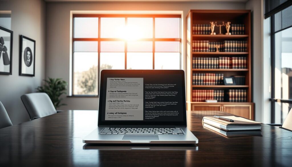 A professional lawyer's office in Grand Prairie, TX, with a sleek, modern aesthetic. On the desk, a laptop displays client reviews and testimonials, showcasing the firm's expertise and customer satisfaction. Sunlight streams through large windows, casting a warm glow over the space. In the background, a bookshelf filled with legal tomes and awards adds an air of authority. The composition emphasizes the importance of thoroughly evaluating a personal injury lawyer's reputation and track record before making a hiring decision.