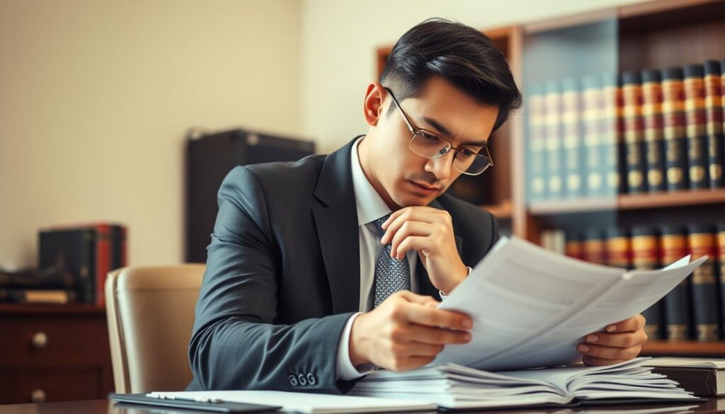 A professional-looking individual in a suit, seated at a desk, deeply engaged in legal documents and files. The lighting is soft and warm, creating a contemplative atmosphere. The background features a bookshelf filled with legal volumes, hinting at the depth of expertise. The subject's facial expression conveys a thoughtful, measured approach to the complexities of legal separation, reflecting the specialized knowledge required for this field. The angle is slightly elevated, giving a sense of authority and expertise. The overall scene evokes a sense of trust and confidence in the legal separation specialist's abilities. A professional-looking individual in a suit, seated at a desk, deeply engaged in legal documents and files. The lighting is soft and warm, creating a contemplative atmosphere. The background features a bookshelf filled with legal volumes, hinting at the depth of expertise. The subject's facial expression conveys a thoughtful, measured approach to the complexities of legal separation, reflecting the specialized knowledge required for this field. The angle is slightly elevated, giving a sense of authority and expertise. The overall scene evokes a sense of trust and confidence in the legal separation specialist's abilities.