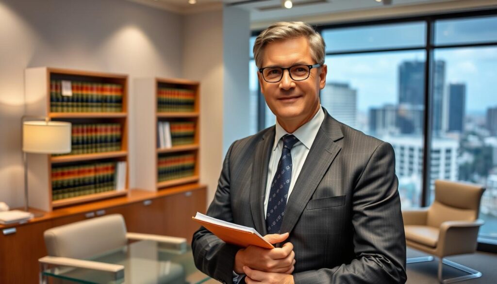 A professional-looking middle-aged man in a suit and tie, standing confidently in a well-lit law office, holding a folder of documents. The office features modern furniture, shelves of law books, and large windows overlooking the Tampa cityscape in the background. The man's expression conveys expertise and reliability, signaling his ability to effectively represent a client in a motorcycle accident case. A professional-looking middle-aged man in a suit and tie, standing confidently in a well-lit law office, holding a folder of documents. The office features modern furniture, shelves of law books, and large windows overlooking the Tampa cityscape in the background. The man's expression conveys expertise and reliability, signaling his ability to effectively represent a client in a motorcycle accident case.