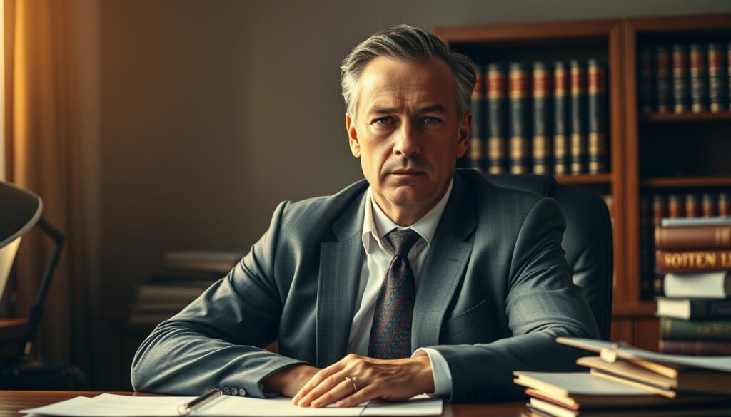 A professional-looking motorcycle accident attorney sitting at their desk, surrounded by law books and documents. The attorney has a serious, focused expression, conveying their expertise and dedication to their clients' cases. The scene is lit by warm, directional lighting, creating dramatic shadows and highlighting the attorney's features. The background is slightly blurred, keeping the attention on the central figure. The overall mood is one of authority, competence, and a commitment to justice for motorcycle accident victims.