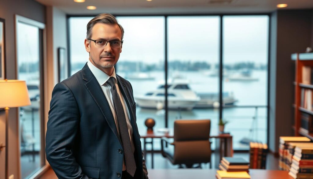 A professional marine injury lawyer, dressed in a sharp suit, standing confidently in a law office. The foreground features the lawyer's determined expression, the desk, and law books. The middle ground showcases the office's modern decor, with a large window overlooking the harbor in the background. Warm, directional lighting illuminates the scene, creating a sense of authority and expertise. The overall atmosphere conveys the lawyer's expertise in handling complex boat accident cases, ready to provide legal guidance and representation. A professional marine injury lawyer, dressed in a sharp suit, standing confidently in a law office. The foreground features the lawyer's determined expression, the desk, and law books. The middle ground showcases the office's modern decor, with a large window overlooking the harbor in the background. Warm, directional lighting illuminates the scene, creating a sense of authority and expertise. The overall atmosphere conveys the lawyer's expertise in handling complex boat accident cases, ready to provide legal guidance and representation.