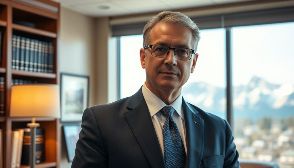 A professional, middle-aged attorney in a sharp, navy blue suit stands confidently in his well-appointed office, surrounded by bookshelves and legal documents. Warm, indirect lighting casts a serious, authoritative aura, conveying his expertise and commitment to his clients. The attorney's expression is focused and determined, reflecting his dedication to achieving the best possible outcomes for those he represents. In the background, the iconic Pikes Peak mountain range can be seen through the large window, establishing the setting as Colorado Springs. This image effectively portrays a skilled and respected motorcycle injury lawyer ready to advocate for his clients.