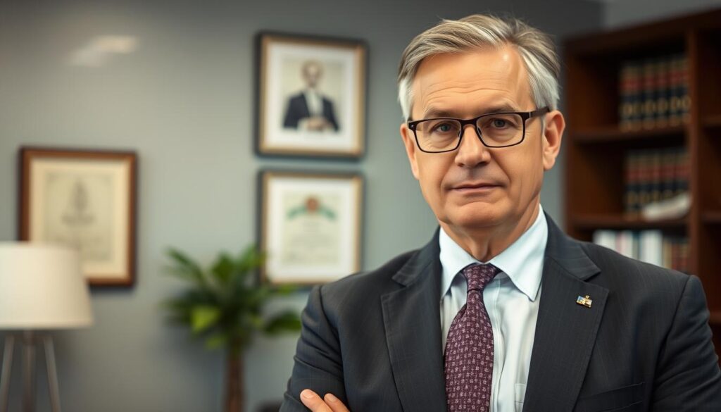 A professional, middle-aged man in a suit, tie, and glasses, standing confidently in a well-lit office, with a bookshelf and law degrees visible in the background. He has a determined expression on his face, conveying his expertise and dedication to helping clients who have been injured by distracted drivers. The scene is captured with a shallow depth of field, keeping the lawyer in sharp focus while the background is slightly blurred, emphasizing his role as a trusted legal advocate.