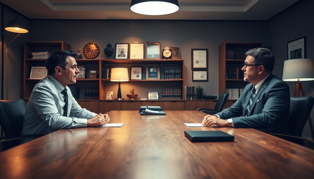 A professional, modern office setting with a large wooden conference table in the foreground. Three well-dressed consumer law attorneys, sitting across from each other, engaged in a thoughtful discussion. Soft, directional lighting from overhead and floor lamps casts a warm, collaborative tone. The attorneys' facial expressions and body language convey a sense of comparison and evaluation. In the background, bookshelves, awards, and accreditations suggest their expertise and credibility. The overall scene communicates a serious, yet approachable atmosphere for clients to assess their options. A professional, modern office setting with a large wooden conference table in the foreground. Three well-dressed consumer law attorneys, sitting across from each other, engaged in a thoughtful discussion. Soft, directional lighting from overhead and floor lamps casts a warm, collaborative tone. The attorneys' facial expressions and body language convey a sense of comparison and evaluation. In the background, bookshelves, awards, and accreditations suggest their expertise and credibility. The overall scene communicates a serious, yet approachable atmosphere for clients to assess their options.