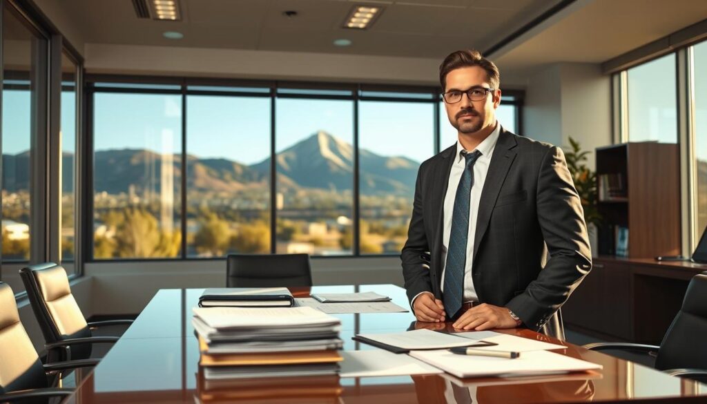A professional motorcycle accident lawyer stands in a sleek, modern office in Colorado Springs. The room is well-lit with warm, natural lighting from large windows, casting a soft glow on the lawyer's focused expression. On the desk, files and documents related to a motorcycle accident case are neatly organized. In the background, the iconic Pikes Peak can be seen through the windows, hinting at the scenic, mountainous setting of Colorado Springs. The overall mood conveys a sense of expertise, diligence, and the lawyer's commitment to providing the best legal representation for their client.