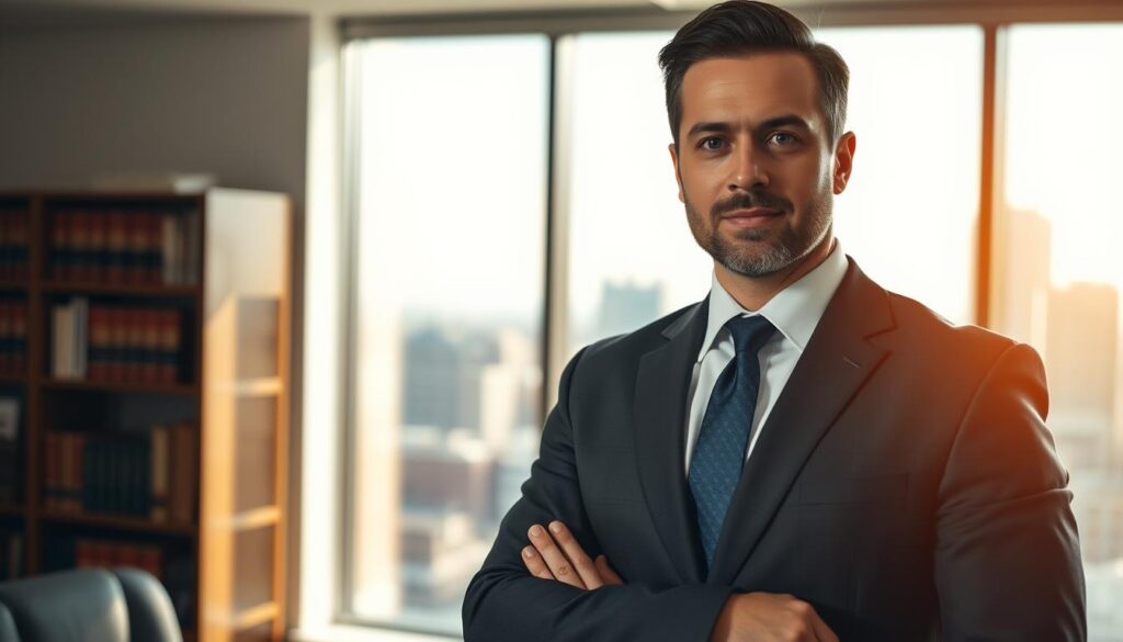 A professional motorcycle injury lawyer standing confidently in a well-lit office, wearing a sharp suit and tie. The lawyer's expression conveys a sense of determination and expertise, ready to fight for their client's rights. In the background, a bookshelf filled with legal tomes and a large window overlooking a city skyline. Warm, directional lighting casts dramatic shadows, emphasizing the lawyer's authoritative presence. The scene exudes an air of competence and a commitment to justice, perfectly capturing the role of a motorcycle accident lawyer in securing fair compensation for their clients. A professional motorcycle injury lawyer standing confidently in a well-lit office, wearing a sharp suit and tie. The lawyer's expression conveys a sense of determination and expertise, ready to fight for their client's rights. In the background, a bookshelf filled with legal tomes and a large window overlooking a city skyline. Warm, directional lighting casts dramatic shadows, emphasizing the lawyer's authoritative presence. The scene exudes an air of competence and a commitment to justice, perfectly capturing the role of a motorcycle accident lawyer in securing fair compensation for their clients.