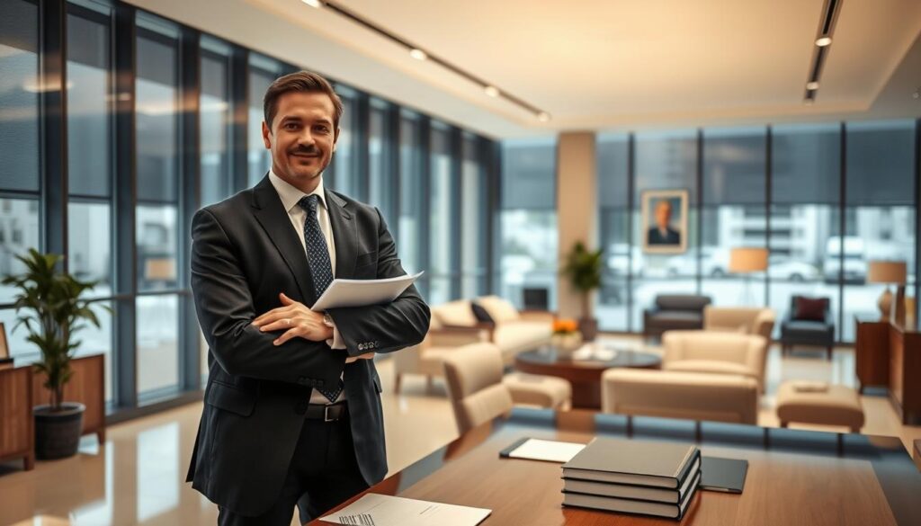 A professional, well-appointed law office interior. In the foreground, a confident, well-dressed truck accident attorney stands at their desk, papers in hand, conveying expertise and dedication. The middle ground features modern, high-quality furniture and decor, suggesting the firm's resources and success. The background showcases expansive windows providing abundant natural light, creating an atmosphere of transparency and trustworthiness. Subtle, warm lighting casts a professional glow, while the overall composition and angle suggests a sense of authority and competence, befitting a leading truck accident law practice.