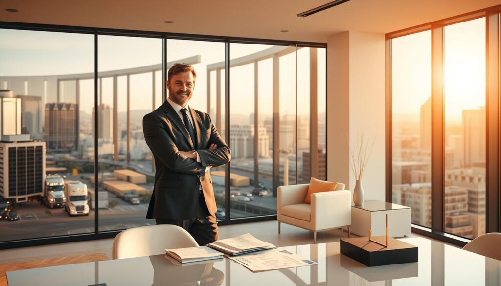 A professional, well-dressed Las Vegas truck accident attorney standing confidently in a modern, glass-walled law office overlooking the glittering skyline of Las Vegas. Warm, natural lighting filters in through the windows, casting a soft glow on the attorney's face as they review documents at their desk. The office is minimalist and elegant, with sleek furniture and sophisticated decor, conveying a sense of authority and expertise. The overall mood is one of competence, trustworthiness, and a commitment to providing exceptional legal representation for victims of truck accidents in the vibrant city of Las Vegas. A professional, well-dressed Las Vegas truck accident attorney standing confidently in a modern, glass-walled law office overlooking the glittering skyline of Las Vegas. Warm, natural lighting filters in through the windows, casting a soft glow on the attorney's face as they review documents at their desk. The office is minimalist and elegant, with sleek furniture and sophisticated decor, conveying a sense of authority and expertise. The overall mood is one of competence, trustworthiness, and a commitment to providing exceptional legal representation for victims of truck accidents in the vibrant city of Las Vegas.