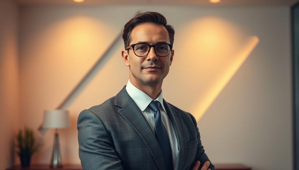 A professional, well-dressed Uber accident attorney stands confidently in a modern, minimalist office. Warm, directional lighting illuminates their face, creating a sense of authority and expertise. The background features clean, geometric shapes and neutral tones, placing the focus on the attorney. The composition is balanced, with the attorney positioned slightly off-center, creating a dynamic and visually appealing image. The overall mood is one of competence, professionalism, and the ability to effectively handle Uber accident claims.