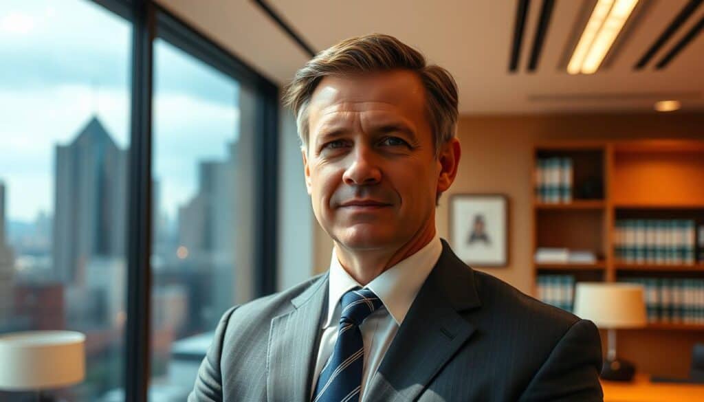 A professional, well-dressed accident attorney stands confidently in a modern, well-lit law office. The attorney's face exudes a serious yet approachable demeanor, conveying expertise and trustworthiness. In the background, a large window provides a view of a bustling city skyline, suggesting the attorney's connection to the local community. The lighting is warm and inviting, creating a sense of professionalism and reliability. The overall atmosphere is one of competence and reliability, reflecting the attorney's ability to handle complex legal matters with skill and dedication.