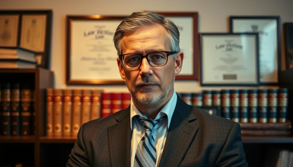 A professional, well-dressed bicycle accident lawyer stands in a law office, conveying a serious and authoritative presence. The lighting is warm and directional, casting dramatic shadows and highlights on the lawyer's face and attire. The background features neatly organized law books, diplomas, and other legal accoutrements, establishing a sense of expertise and competence. The lawyer's pose and expression suggest a confident, experienced individual ready to advocate for their client's rights after a bicycle crash. The overall mood is one of reliability, expertise, and a dedication to justice. A professional, well-dressed bicycle accident lawyer stands in a law office, conveying a serious and authoritative presence. The lighting is warm and directional, casting dramatic shadows and highlights on the lawyer's face and attire. The background features neatly organized law books, diplomas, and other legal accoutrements, establishing a sense of expertise and competence. The lawyer's pose and expression suggest a confident, experienced individual ready to advocate for their client's rights after a bicycle crash. The overall mood is one of reliability, expertise, and a dedication to justice.
