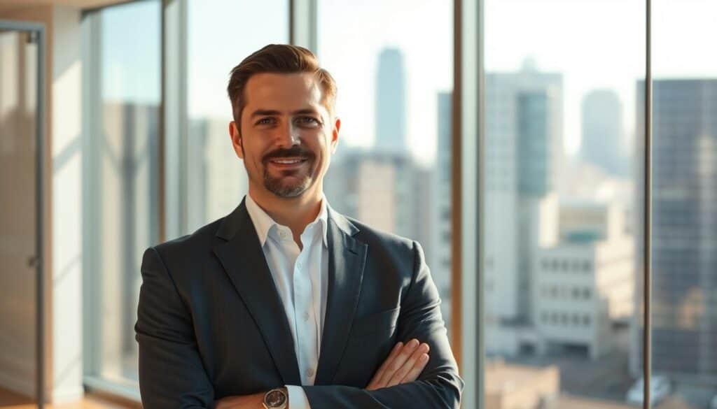 A professional, well-dressed business attorney standing confidently in a modern, glass-walled office. The lighting is warm and natural, creating a welcoming atmosphere. The attorney's expression conveys expertise and trustworthiness, with a subtle hint of empathy. In the background, a cityscape can be seen through the large windows, suggesting the attorney's connection to the local business community. The scene evokes a sense of competence, reliability, and a deep understanding of the legal challenges facing entrepreneurs and small business owners.