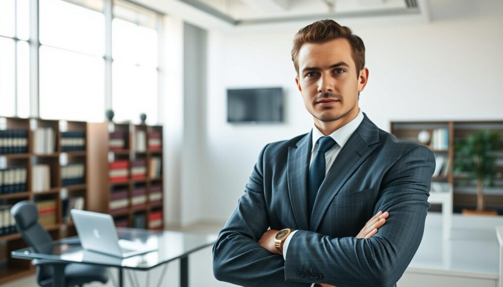A professional, well-dressed distracted driving accident lawyer standing confidently in a modern, well-lit law office. The lawyer is positioned in the foreground, facing the camera with a serious expression, conveying expertise and trustworthiness. In the middle ground, a bookshelf filled with legal tomes and a sleek, minimalist desk with a laptop and a few documents. The background features floor-to-ceiling windows, allowing natural light to flood the space and create a sense of openness and transparency. The overall mood is one of professionalism, competence, and the lawyer's dedication to their clients' well-being.