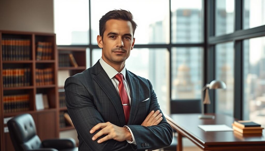 A professional, well-dressed lawyer standing confidently in a modern, well-lit law office. The attorney's expression conveys a sense of determination and expertise, ready to advocate for their client's rights. The background features a bookshelf filled with legal tomes, a polished wooden desk, and a large window overlooking a cityscape, suggesting a successful, established practice. Soft, directional lighting casts subtle shadows, creating depth and a sense of gravitas. The overall scene conveys the attorney's competence and the client's ability to trust their legal representation in a case involving assault and battery. A professional, well-dressed lawyer standing confidently in a modern, well-lit law office. The attorney's expression conveys a sense of determination and expertise, ready to advocate for their client's rights. The background features a bookshelf filled with legal tomes, a polished wooden desk, and a large window overlooking a cityscape, suggesting a successful, established practice. Soft, directional lighting casts subtle shadows, creating depth and a sense of gravitas. The overall scene conveys the attorney's competence and the client's ability to trust their legal representation in a case involving assault and battery.