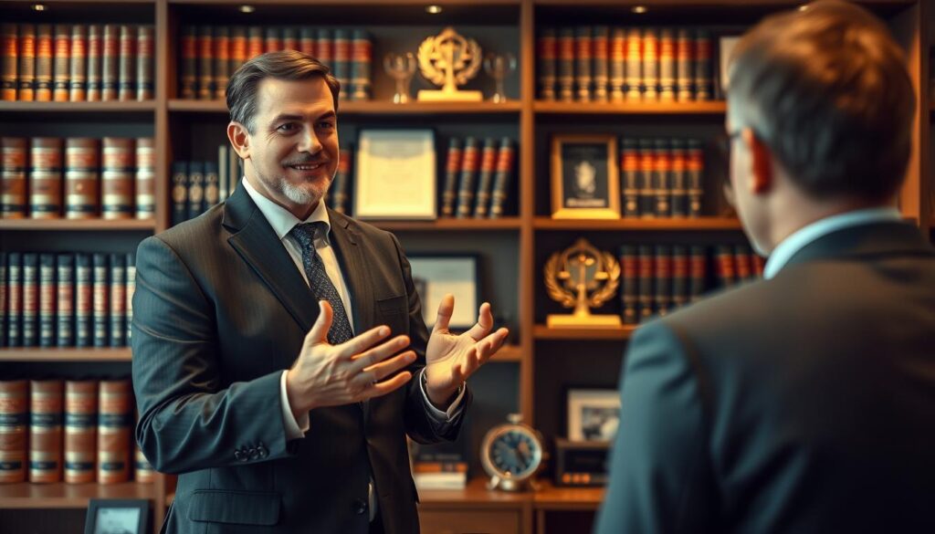 A professional, well-dressed motorcycle accident attorney standing confidently in a sleek, modern law office. Warm, soft lighting illuminates their face, conveying approachability and competence. The attorney is gesturing expressively, engaged in a thoughtful conversation with a client. In the background, a bookshelf filled with legal tomes and awards suggests expertise and a track record of success. The scene evokes a sense of trust, accessibility, and the attorney's ability to navigate the complexities of motorcycle accident cases with care and dedication. A professional, well-dressed motorcycle accident attorney standing confidently in a sleek, modern law office. Warm, soft lighting illuminates their face, conveying approachability and competence. The attorney is gesturing expressively, engaged in a thoughtful conversation with a client. In the background, a bookshelf filled with legal tomes and awards suggests expertise and a track record of success. The scene evokes a sense of trust, accessibility, and the attorney's ability to navigate the complexities of motorcycle accident cases with care and dedication.
