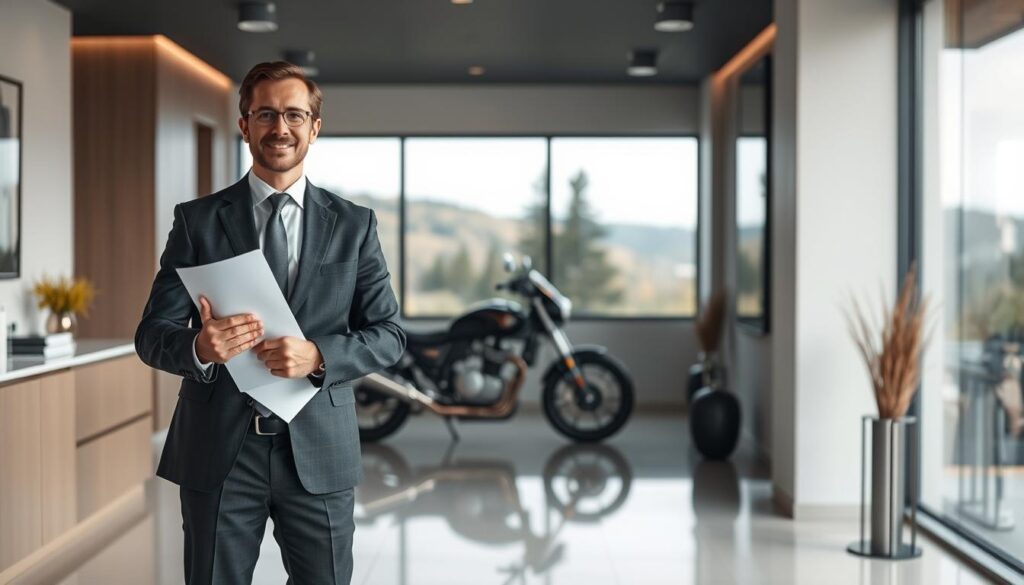 A professional, well-dressed motorcycle accident lawyer standing confidently in a sleek, modern law office. The foreground features the lawyer, dressed in a sharp suit, holding legal documents and exuding an air of expertise and authority. The middle ground showcases the elegant, minimalist office decor, with clean lines, subtle lighting, and a large window providing a scenic backdrop. The background subtly hints at the lawyer's specialty, with a motorcycle parked discreetly outside, suggesting their deep understanding of motorcycle-related legal matters. The overall tone is one of professionalism, competence, and a dedication to effectively representing their clients in motorcycle collision cases. A professional, well-dressed motorcycle accident lawyer standing confidently in a sleek, modern law office. The foreground features the lawyer, dressed in a sharp suit, holding legal documents and exuding an air of expertise and authority. The middle ground showcases the elegant, minimalist office decor, with clean lines, subtle lighting, and a large window providing a scenic backdrop. The background subtly hints at the lawyer's specialty, with a motorcycle parked discreetly outside, suggesting their deep understanding of motorcycle-related legal matters. The overall tone is one of professionalism, competence, and a dedication to effectively representing their clients in motorcycle collision cases.