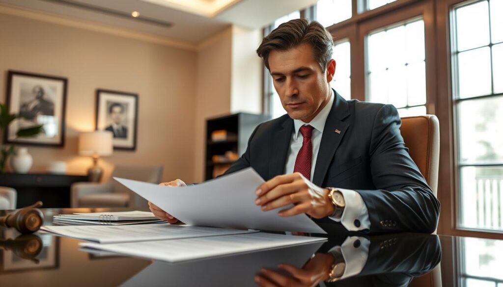 A professional, well-dressed prenuptial agreement specialist sitting at a desk, reviewing documents with a serious, focused expression. The office is stylishly furnished with floor-to-ceiling windows, allowing natural light to fill the space. Soft, warm lighting creates a professional yet approachable atmosphere. The specialist's hands are on the desk, showcasing their expertise and attention to detail. The overall scene conveys the importance and gravity of the prenuptial agreement process, while also suggesting the specialist's competence and trustworthiness. A professional, well-dressed prenuptial agreement specialist sitting at a desk, reviewing documents with a serious, focused expression. The office is stylishly furnished with floor-to-ceiling windows, allowing natural light to fill the space. Soft, warm lighting creates a professional yet approachable atmosphere. The specialist's hands are on the desk, showcasing their expertise and attention to detail. The overall scene conveys the importance and gravity of the prenuptial agreement process, while also suggesting the specialist's competence and trustworthiness.
