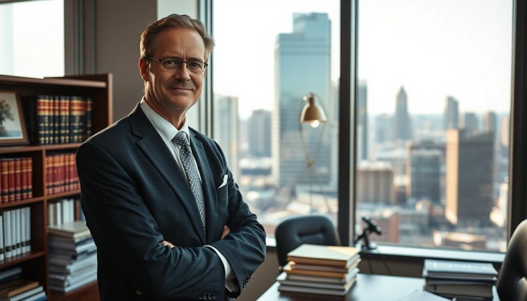 A seasoned Atlanta motorcycle accident attorney stands confidently in their office, surrounded by law books and documents. Soft natural light filters through the window, casting a warm glow on the scene. The attorney's expression conveys professionalism and empathy, ready to guide clients through the complexities of motorcycle accident claims. In the background, a cityscape of Atlanta's skyscrapers and infrastructure serves as a subtle reminder of the urban environment where these incidents occur. The overall mood is one of expertise, care, and a commitment to securing the best possible outcome for the client. A seasoned Atlanta motorcycle accident attorney stands confidently in their office, surrounded by law books and documents. Soft natural light filters through the window, casting a warm glow on the scene. The attorney's expression conveys professionalism and empathy, ready to guide clients through the complexities of motorcycle accident claims. In the background, a cityscape of Atlanta's skyscrapers and infrastructure serves as a subtle reminder of the urban environment where these incidents occur. The overall mood is one of expertise, care, and a commitment to securing the best possible outcome for the client.
