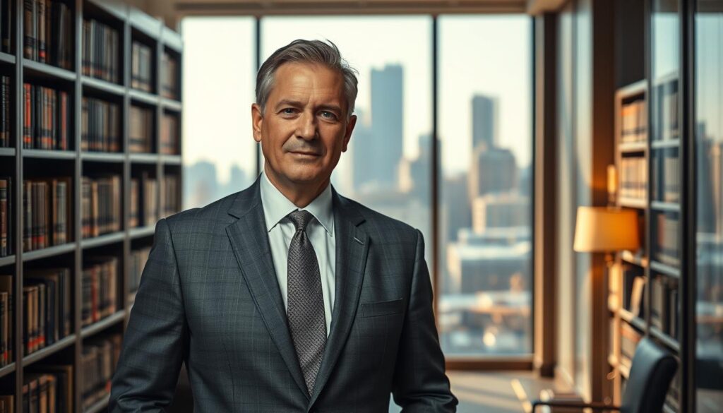 A seasoned Uber accident attorney, dressed in a sharp, charcoal-gray suit, stands confidently in a modern, well-appointed law office. Bookshelves line the walls, conveying expertise and experience. Soft, directional lighting casts warm hues, creating an atmosphere of professionalism and trustworthiness. The attorney's gaze is direct, exuding competence and a commitment to advocacy. In the background, a city skyline is visible through large windows, suggesting the attorney's deep understanding of local laws and regulations. This image conveys the qualifications and dedication needed to navigate the complexities of an Uber accident case and secure the best possible outcome for the client. A seasoned Uber accident attorney, dressed in a sharp, charcoal-gray suit, stands confidently in a modern, well-appointed law office. Bookshelves line the walls, conveying expertise and experience. Soft, directional lighting casts warm hues, creating an atmosphere of professionalism and trustworthiness. The attorney's gaze is direct, exuding competence and a commitment to advocacy. In the background, a city skyline is visible through large windows, suggesting the attorney's deep understanding of local laws and regulations. This image conveys the qualifications and dedication needed to navigate the complexities of an Uber accident case and secure the best possible outcome for the client.