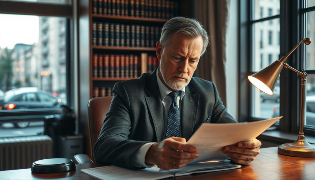 A seasoned Uber accident attorney, seated at a wooden desk, examines documents under the warm glow of a desk lamp. The attorney's face is thoughtful, brow furrowed, as they carefully review the case details. In the background, a bookshelf filled with legal tomes and a window overlooking a bustling city street create a professional, authoritative atmosphere. The lighting is soft and directional, casting subtle shadows that accentuate the attorney's focused expression. The scene conveys the expertise and diligence required to navigate the complexities of an Uber accident case and secure the best possible outcome for the client. A seasoned Uber accident attorney, seated at a wooden desk, examines documents under the warm glow of a desk lamp. The attorney's face is thoughtful, brow furrowed, as they carefully review the case details. In the background, a bookshelf filled with legal tomes and a window overlooking a bustling city street create a professional, authoritative atmosphere. The lighting is soft and directional, casting subtle shadows that accentuate the attorney's focused expression. The scene conveys the expertise and diligence required to navigate the complexities of an Uber accident case and secure the best possible outcome for the client.