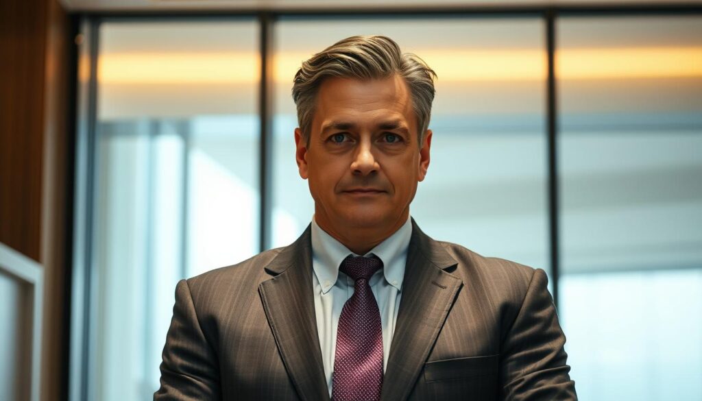 A seasoned and compassionate wrongful death attorney stands resolute, their gaze fixed with unwavering determination. Dressed in a sharp, tailored suit, they exude an aura of professionalism and expertise. The scene is set against a backdrop of a sleek, modern law office, with floor-to-ceiling windows filtering in a warm, ambient light. The attorney's body language conveys a confident, yet empathetic demeanor, signaling their commitment to securing justice for their clients. The overall atmosphere evokes a sense of gravitas and authority, befitting the gravity of the legal proceedings they navigate.
