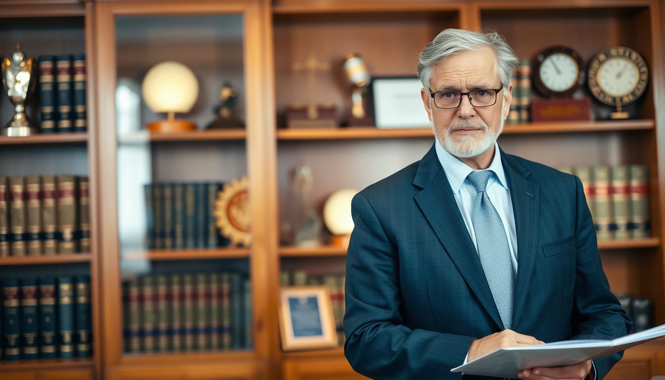 A seasoned and determined truck accident attorney, dressed in a sharp suit, stands confidently in their office. The warm lighting casts a pensive glow, highlighting their focused expression as they review case files. Behind them, a bookshelf filled with legal tomes and awards suggests their wealth of experience. The scene conveys a sense of expertise, dedication, and the attorney's commitment to providing exceptional legal representation to clients who have been affected by truck accidents.