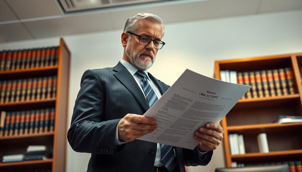 A seasoned attorney stands in a modern law office, expertly examining legal documents related to an Uber accident case. Soft, directional lighting illuminates their focused expression and the details of the papers they hold. The backdrop features a bookshelf filled with legal tomes, conveying an atmosphere of authority and expertise. The camera angle is slightly low, emphasizing the lawyer's confidence and command of the situation. This scene visually represents the specialized knowledge and professionalism required to navigate the complex legal landscape of Uber accident claims.