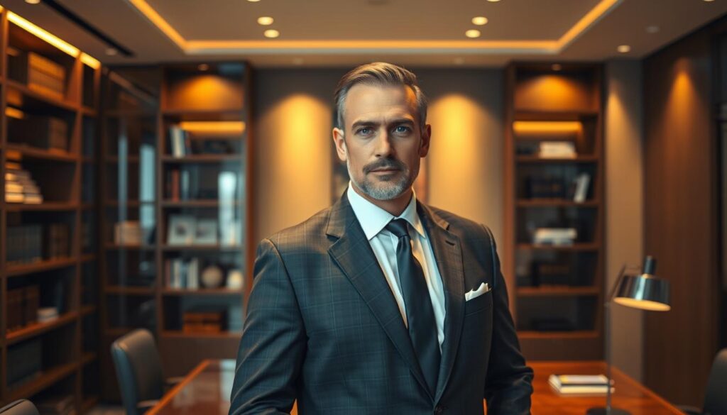 A seasoned attorney stands in a sleek, modern office, exuding confidence and expertise. Dressed in a sharp, tailored suit, the lawyer's gaze is intense, signaling their unwavering dedication to their client's Uber accident case. Elegant bookshelves and a stylish desk create a sophisticated backdrop, while warm, directional lighting illuminates the scene, lending an air of professionalism and authority. The composition is balanced, with the lawyer positioned centrally, conveying a sense of gravitas and command of the situation. This image represents the ideal legal representation for those seeking justice and compensation following an Uber-related accident.