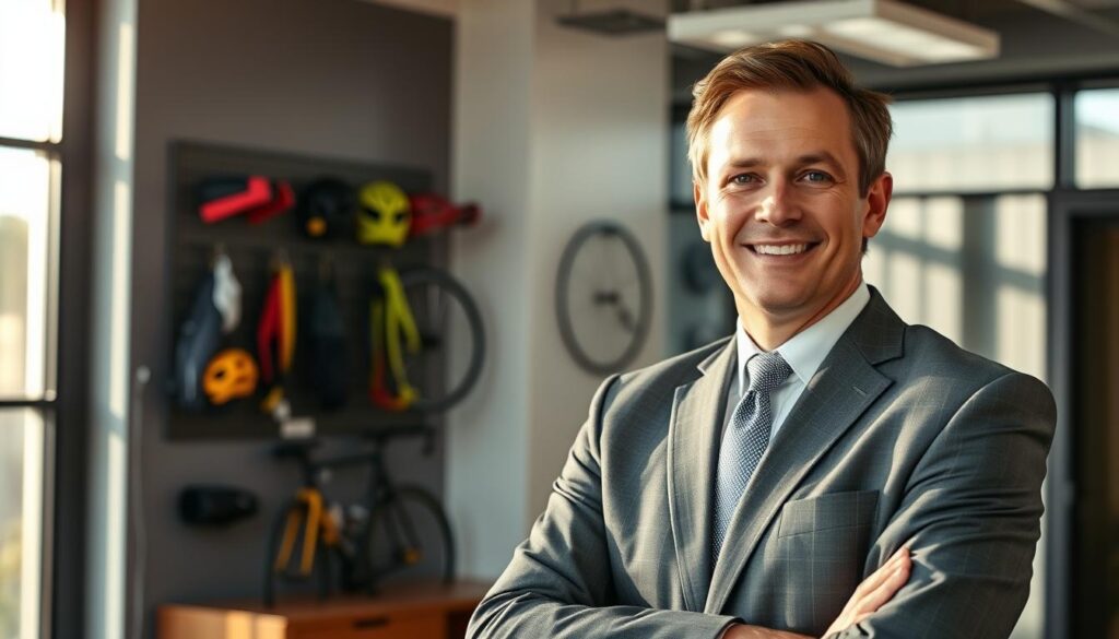 A seasoned bicycle accident lawyer stands confidently in a sleek, modern office. Sunlight streams through large windows, casting a warm glow on their crisp, tailored suit. The lawyer's expression exudes expertise and compassion, ready to navigate the complexities of cycling-related legal matters. In the background, a wall-mounted display showcases an array of cycling safety gear, underscoring the depth of their specialized knowledge. The scene conveys a sense of professionalism, competence, and a steadfast commitment to advocating for the rights of injured cyclists. A seasoned bicycle accident lawyer stands confidently in a sleek, modern office. Sunlight streams through large windows, casting a warm glow on their crisp, tailored suit. The lawyer's expression exudes expertise and compassion, ready to navigate the complexities of cycling-related legal matters. In the background, a wall-mounted display showcases an array of cycling safety gear, underscoring the depth of their specialized knowledge. The scene conveys a sense of professionalism, competence, and a steadfast commitment to advocating for the rights of injured cyclists.