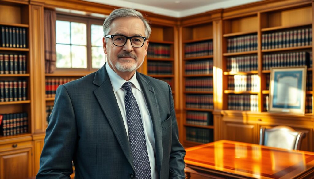 A seasoned civil litigation lawyer, dressed in a sharp charcoal suit, stands confidently in a modern, well-appointed law office. Sunlight streams through large windows, casting a warm glow on the oak-paneled walls and bookshelves filled with legal tomes. The lawyer's expression conveys a thoughtful, analytical demeanor, ready to navigate the complexities of the legal system. In the background, a glossy mahogany desk and a framed diploma hint at the attorney's expertise and credentials. The overall scene exudes an atmosphere of professionalism, competence, and a commitment to providing effective legal representation. A seasoned civil litigation lawyer, dressed in a sharp charcoal suit, stands confidently in a modern, well-appointed law office. Sunlight streams through large windows, casting a warm glow on the oak-paneled walls and bookshelves filled with legal tomes. The lawyer's expression conveys a thoughtful, analytical demeanor, ready to navigate the complexities of the legal system. In the background, a glossy mahogany desk and a framed diploma hint at the attorney's expertise and credentials. The overall scene exudes an atmosphere of professionalism, competence, and a commitment to providing effective legal representation.