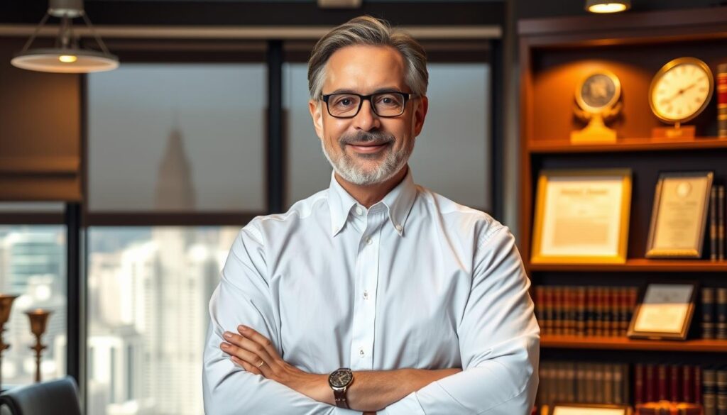 A seasoned dog bite attorney stands confidently in a well-appointed office, surrounded by legal tomes and awards. Warm, directional lighting illuminates their face, conveying professionalism and expertise. In the background, a large window overlooking a bustling city skyline suggests a successful practice. The attorney's body language and attire project an air of authority and experience, ready to advocate fiercely for clients who have suffered from dog-related injuries. The overall scene aims to visually communicate the attorney's qualifications and track record in handling complex dog bite cases. A seasoned dog bite attorney stands confidently in a well-appointed office, surrounded by legal tomes and awards. Warm, directional lighting illuminates their face, conveying professionalism and expertise. In the background, a large window overlooking a bustling city skyline suggests a successful practice. The attorney's body language and attire project an air of authority and experience, ready to advocate fiercely for clients who have suffered from dog-related injuries. The overall scene aims to visually communicate the attorney's qualifications and track record in handling complex dog bite cases.