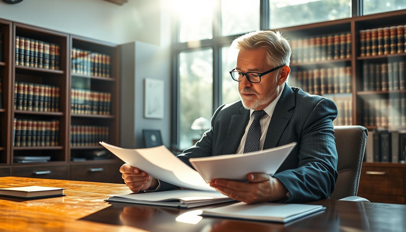 A seasoned lawyer, sitting in a sleek office, studies case files intently. Sunlight streams through the large windows, casting a warm glow on his focused expression. His hands rest on a wooden desk, conveying a sense of authority and experience. The background features bookshelves filled with legal tomes, hinting at the depth of his knowledge. The scene radiates an air of professionalism and expertise, perfectly capturing the essence of an "experienced motorcycle accident lawyer."