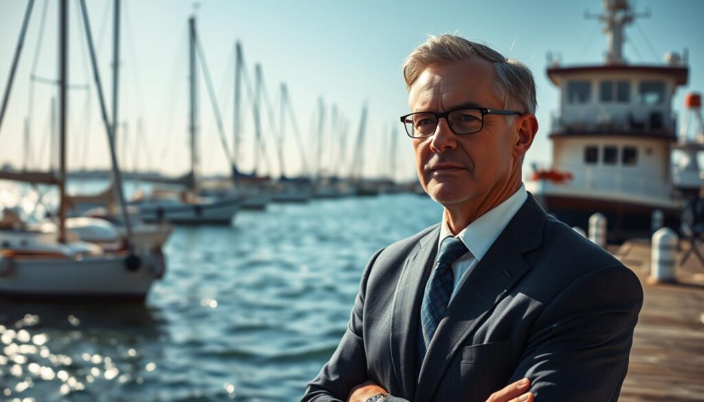 A seasoned maritime injury attorney standing confidently in a sunlit harbor, dressed in a crisp suit and tie. The background features a weathered wooden dock, gently lapping waves, and a fleet of sleek sailboats and fishing vessels. The attorney's expression conveys a sense of expertise and determination, ready to navigate the complexities of maritime law and advocate for the rights of those injured at sea. Soft, directional lighting from the side casts dramatic shadows, emphasizing the attorney's authoritative presence. A subtle, nautical-inspired color palette of blues and grays sets the tone for this specialized legal practice. A seasoned maritime injury attorney standing confidently in a sunlit harbor, dressed in a crisp suit and tie. The background features a weathered wooden dock, gently lapping waves, and a fleet of sleek sailboats and fishing vessels. The attorney's expression conveys a sense of expertise and determination, ready to navigate the complexities of maritime law and advocate for the rights of those injured at sea. Soft, directional lighting from the side casts dramatic shadows, emphasizing the attorney's authoritative presence. A subtle, nautical-inspired color palette of blues and grays sets the tone for this specialized legal practice.