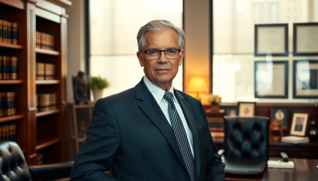 A seasoned motorcycle accident attorney, clad in a crisp suit, stands confidently in a well-appointed office. Warm lighting from a large window casts a subtle glow, highlighting their keen, experienced gaze. The background features tasteful legal decor - bookshelves, diplomas, and a sleek desk - conveying a sense of expertise and professionalism. The pose and expression suggest a trusted advisor, ready to guide clients through the complexities of motorcycle accident claims with the wisdom of years of practice.