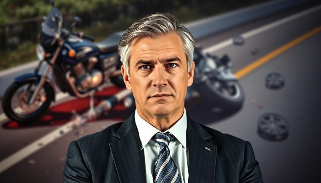 A seasoned motorcycle accident attorney stands resolute, their expression conveying determination and expertise. They are positioned in the foreground, dressed in a well-tailored suit, exuding an air of professionalism. Behind them, a detailed rendering of a motorcycle accident scene unfolds, with skid marks, debris, and the damaged vehicle visible. The lighting is dramatic, casting shadows that accentuate the attorney's confident stance. The background is slightly blurred, keeping the focus on the attorney and the gravity of the situation they are equipped to handle. The overall mood is one of seriousness and competence, conveying the specialized skills required to build a strong case for a motorcycle accident victim.