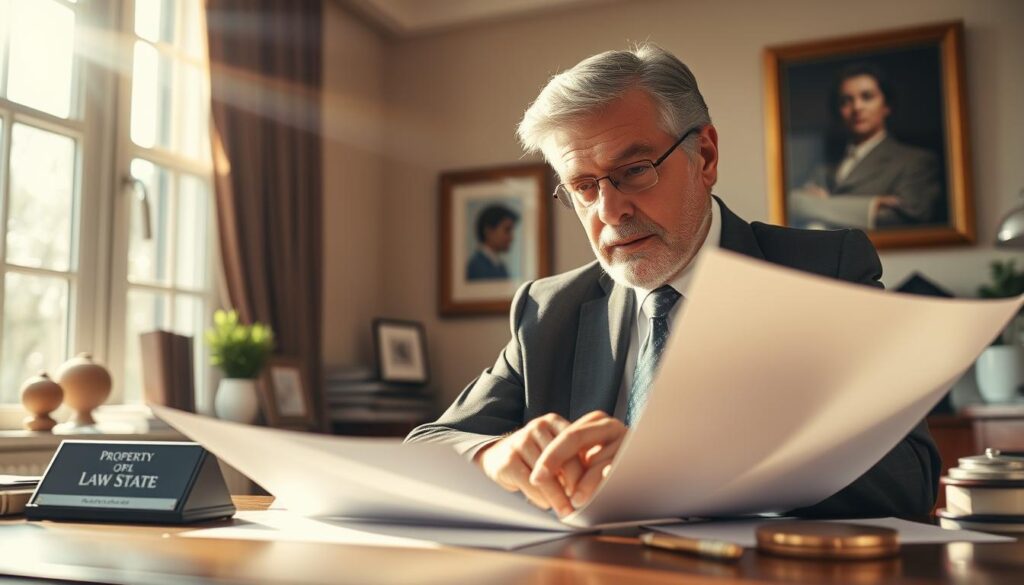 A seasoned real estate lawyer sits at their desk, focused intently on reviewing legal documents. Sunlight streams in through large windows, casting a warm glow on the scene. The lawyer's face is serious, brow furrowed in concentration, as they navigate the complexities of a property transaction. On the desk, a nameplate and various office supplies hint at the professional's credentials and expertise. The background features tasteful decor, conveying an air of authority and trustworthiness. The overall impression is one of a diligent, capable legal professional dedicated to their clients' real estate needs. A seasoned real estate lawyer sits at their desk, focused intently on reviewing legal documents. Sunlight streams in through large windows, casting a warm glow on the scene. The lawyer's face is serious, brow furrowed in concentration, as they navigate the complexities of a property transaction. On the desk, a nameplate and various office supplies hint at the professional's credentials and expertise. The background features tasteful decor, conveying an air of authority and trustworthiness. The overall impression is one of a diligent, capable legal professional dedicated to their clients' real estate needs.