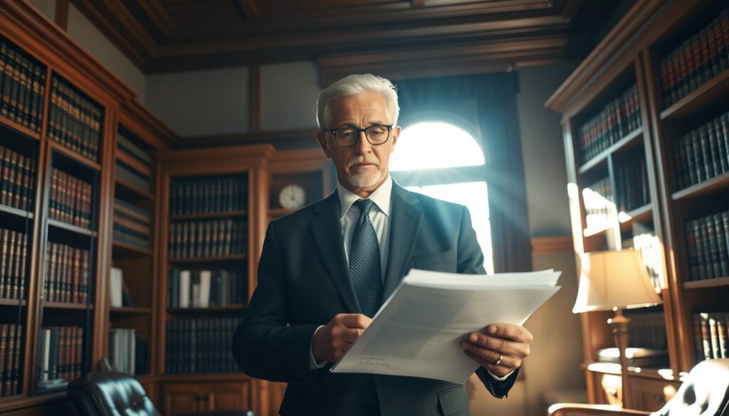 A seasoned semi crash lawyer, dressed in a sharp suit, stands confidently in a dimly lit law office. Sunlight streams through the window, casting a warm glow on their face as they review documents related to a recent semi-truck accident case. The office is adorned with oak furniture and shelves filled with legal tomes, conveying an atmosphere of professionalism and expertise. The lawyer's expression is focused, conveying a sense of determination to secure justice for their client. The scene is captured with a medium-length lens, providing a balanced and authoritative perspective.