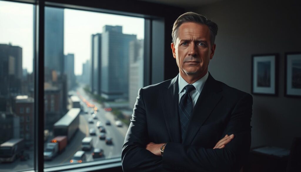 A seasoned semi-truck collision lawyer, dressed in a sharp suit, stands confidently in a dimly lit law office. The background features a large window overlooking a bustling city street, with the silhouettes of high-rise buildings and passing vehicles visible. The lighting is dramatic, casting shadows and highlighting the lawyer's determined expression. The scene conveys an air of expertise, professionalism, and a commitment to protecting the rights of those affected by the devastating impact of semi-truck collisions.