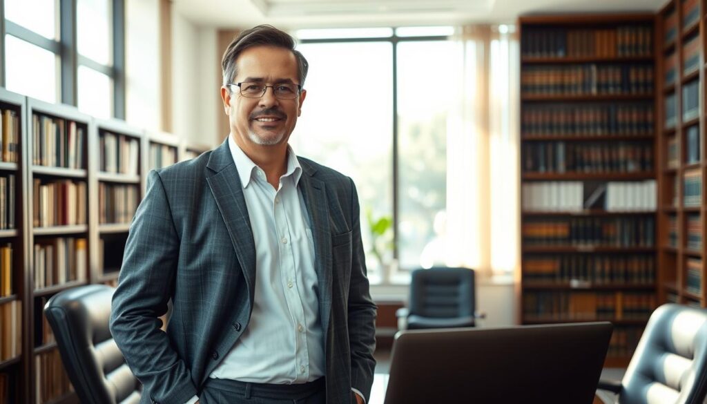 A seasoned slip and fall lawyer, dressed in a sharp charcoal gray suit, stands confidently in a well-lit, modern law office. Bookshelves line the walls, and a large desk with a laptop and documents sits in the foreground. Sunlight streams through the windows, casting a warm, professional glow. The lawyer's expression conveys a blend of compassion and determination, ready to advocate for their clients. The scene evokes a sense of expertise, reliability, and the lawyer's commitment to securing justice for those who have suffered from slip and fall accidents. A seasoned slip and fall lawyer, dressed in a sharp charcoal gray suit, stands confidently in a well-lit, modern law office. Bookshelves line the walls, and a large desk with a laptop and documents sits in the foreground. Sunlight streams through the windows, casting a warm, professional glow. The lawyer's expression conveys a blend of compassion and determination, ready to advocate for their clients. The scene evokes a sense of expertise, reliability, and the lawyer's commitment to securing justice for those who have suffered from slip and fall accidents.