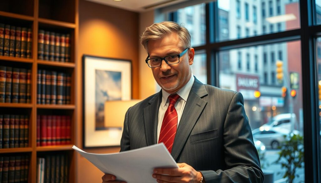 A seasoned traffic violation attorney, dressed in a sharp suit, stands confidently in a modern law office. Warm, directional lighting illuminates their focused expression as they review documents, radiating expertise and professionalism. In the background, a bookshelf filled with legal tomes and a large window overlooking a bustling city street creates a sense of authority and connection to the real-world challenges faced by clients. The scene conveys the attorney's ability to navigate the complexities of traffic law, providing a reassuring and knowledgeable presence to those seeking legal guidance.
