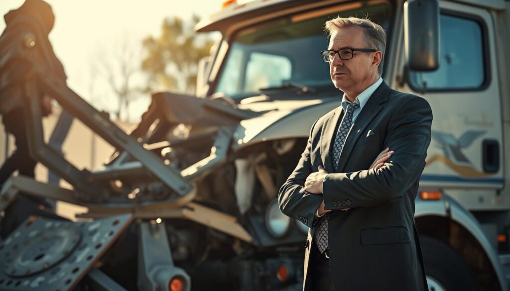 A seasoned truck accident attorney standing confidently amidst the twisted wreckage of a large commercial vehicle, sunlight casting dramatic shadows across the scene. The attorney, dressed in a sharp suit, is examining the damages with a focused gaze, conveying expertise and determination to secure justice for the victims. In the background, the distorted, crumpled frame of the truck serves as a somber reminder of the high stakes involved in such cases. The image exudes a sense of professionalism, empowerment, and the attorney's ability to navigate the complexities of truck accident litigation.