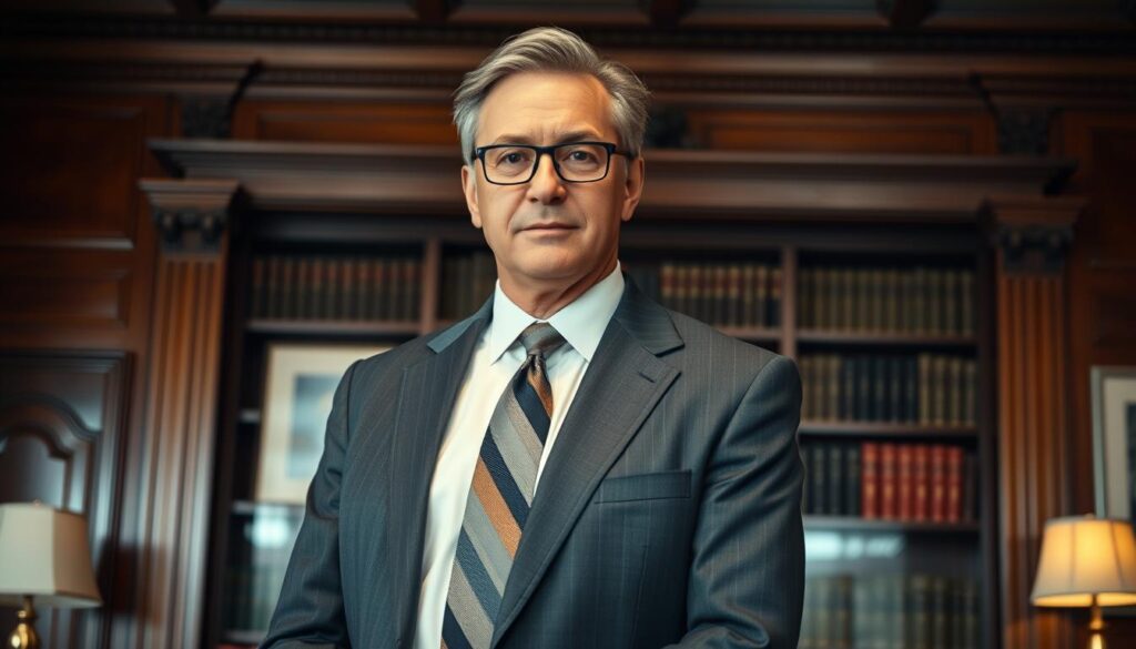 A seasoned wrongful death attorney, clad in a sharp, charcoal gray suit, stands confidently in a well-appointed office. Warm, directional lighting casts a pensive glow, highlighting their years of experience and unwavering determination. The background features elegant, wood-paneled walls and a large, ornate bookshelf, conveying a sense of authority and expertise. The attorney's gaze is focused, their expression radiating a resolute commitment to securing justice for their clients. This image embodies the specialized knowledge, unwavering advocacy, and compassionate representation that sets wrongful death attorneys apart in their pursuit of fair and just outcomes.