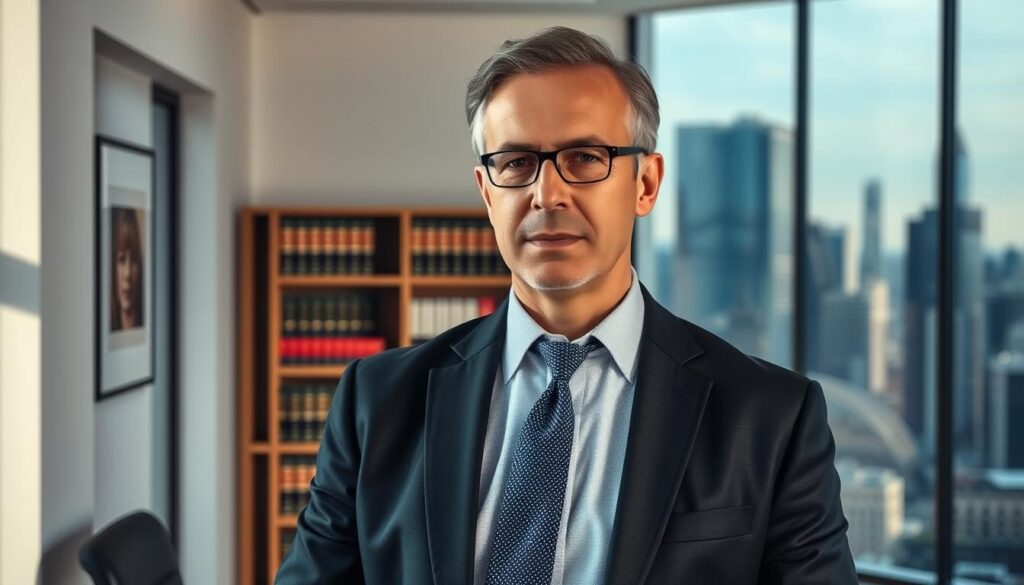 A seasoned wrongful death claim lawyer, poised and determined, stands in a sleek, minimalist office. Soft, directional lighting casts subtle shadows, conveying a sense of professionalism and authority. The lawyer's expression is one of focused concentration, conveying the gravity and importance of their work. In the background, a bookshelf filled with legal tomes and a large window overlooking a bustling city skyline, suggesting the depth of their expertise and the impact of their practice. The overall atmosphere is one of competence, integrity, and a commitment to seeking justice for those who have suffered the tragedy of wrongful death.